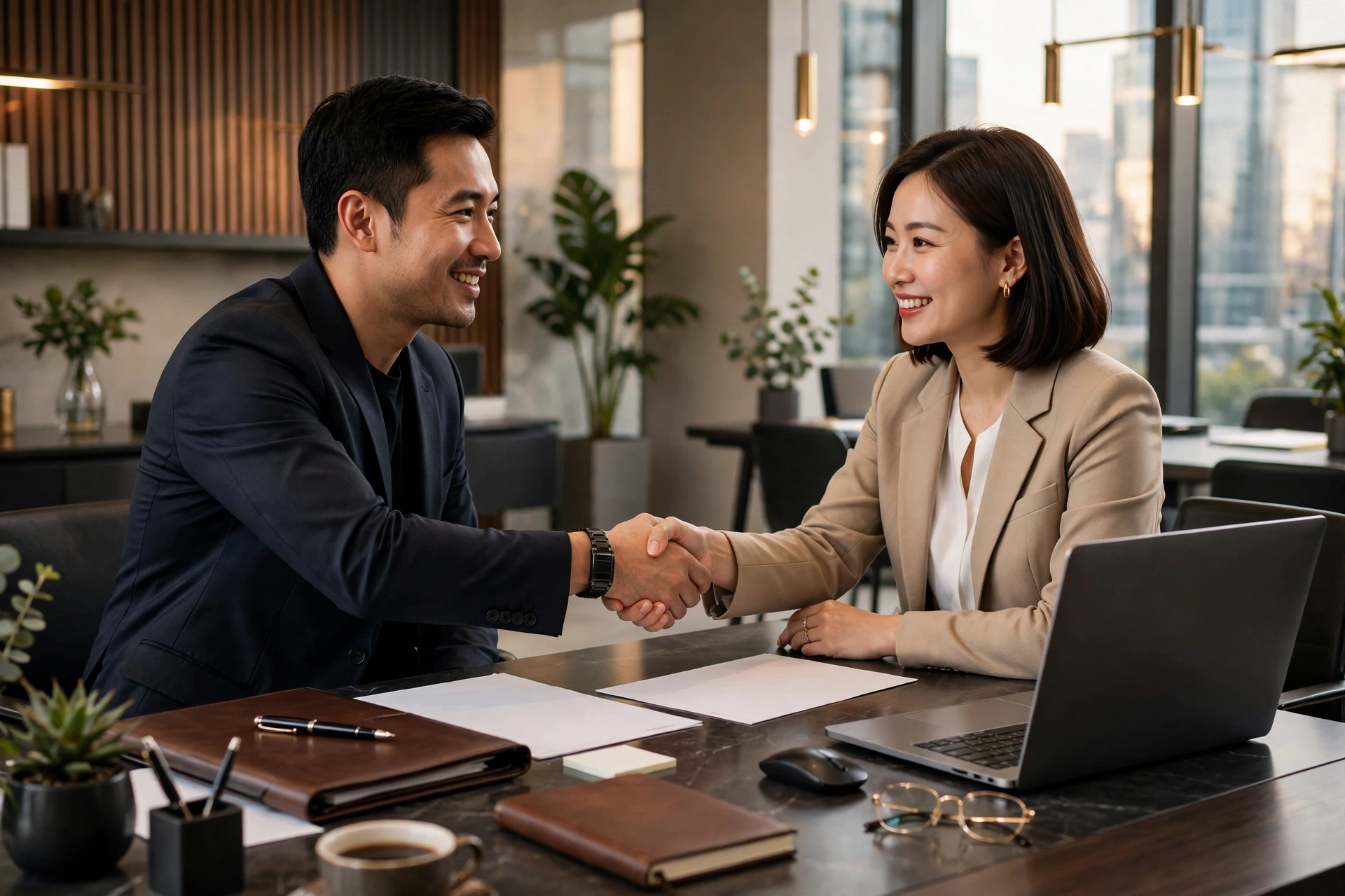 Hai doanh nhân bắt tay ký kết hợp đồng trên bàn làm việc với tài liệu và máy tính