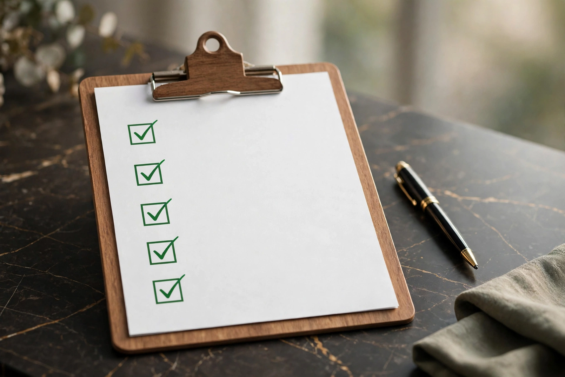 Danh sách kiểm tra (checklist) 5 tiêu chí đánh giá trên clipboard